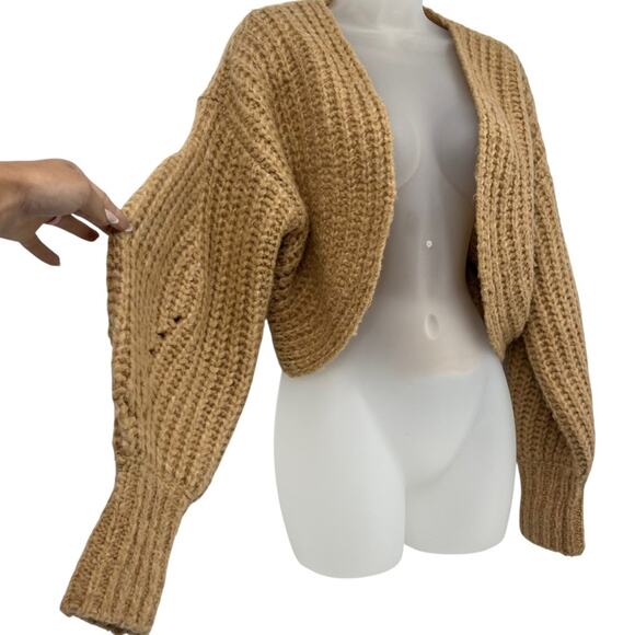 ANTHROPOLOGIE Rae Cropped Cardigan Tan Chunky Knit Sweater Oversized Size Small - Picture 7 of 11